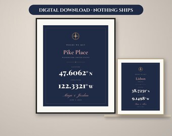 May include: Two vertical rectangular wall art prints with a dark navy blue background and white text. The designs feature a compass icon, the text Where We Met, location names, latitude and longitude coordinates, names, and a date in a serif font.