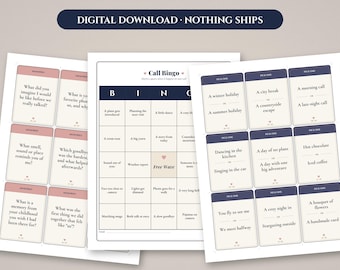 May include: Three printable game sheets featuring a Call Bingo card with dark blue headers and a grid of prompts, alongside two sheets of question cards with pink and dark blue headers containing text prompts for conversation.