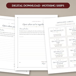 May include: A set of printable stationery featuring letter templates with the text Open when you miss me and Open when we're together, alongside a sheet of eight rectangular envelope labels with various open when prompts.