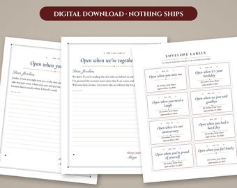 May include: A set of printable stationery featuring letter templates with the text Open when you miss me and Open when we're together, alongside a sheet of eight rectangular envelope labels with various open when prompts.