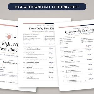 May include: Three white digital download pages featuring black text and pink accents. The pages are titled Eight Nights, Two Times, Same Dish, Two Kitchens, and Questions by Candlelight, outlining schedules and checklists for video-call plans.