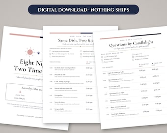 May include: Three white digital download pages featuring black text and pink accents. The pages are titled Eight Nights, Two Times, Same Dish, Two Kitchens, and Questions by Candlelight, outlining schedules and checklists for video-call plans.