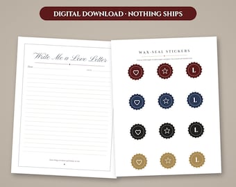 May include: A digital download featuring a lined stationery page titled Write Me a Love Letter and a second page with twelve circular wax-seal stickers in red, blue, black, and gold, each displaying a heart, star, or the letter L.