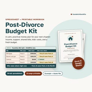 Puede incluir: Un kit de presupuesto post-divorcio que incluye una hoja de cálculo y un libro de trabajo imprimible. La imagen muestra una tabla de división de facturas con datos de ejemplo, una portada y etiquetas para Excel y Google Sheets.