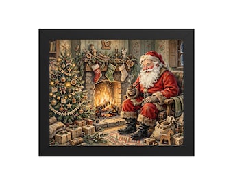 Vintage Santa by the Fireplace Framed Print