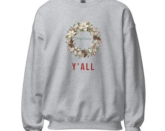 Merry Christmas Y'all — Southern Magnolia Wreath Sweatshirt