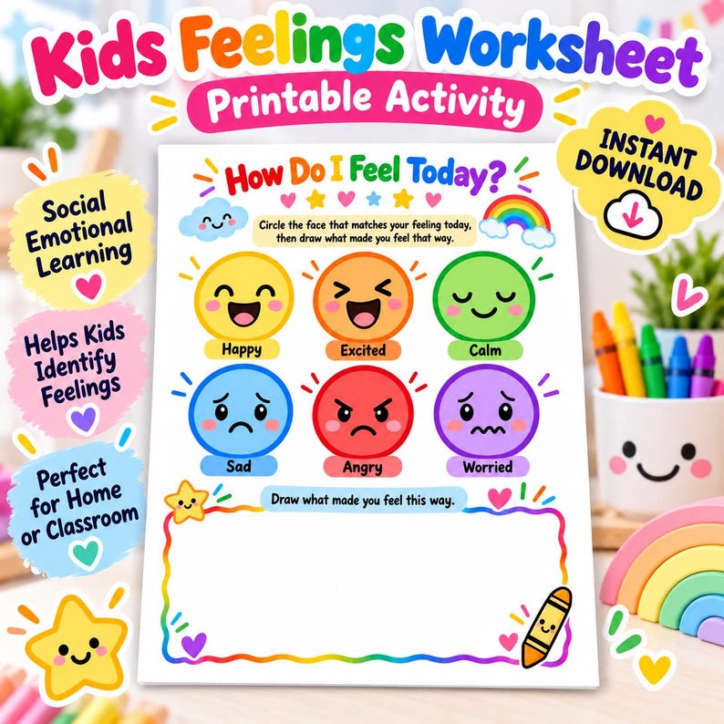Feelings Worksheet for Kids Printable How Do I Feel Today Emotions ...