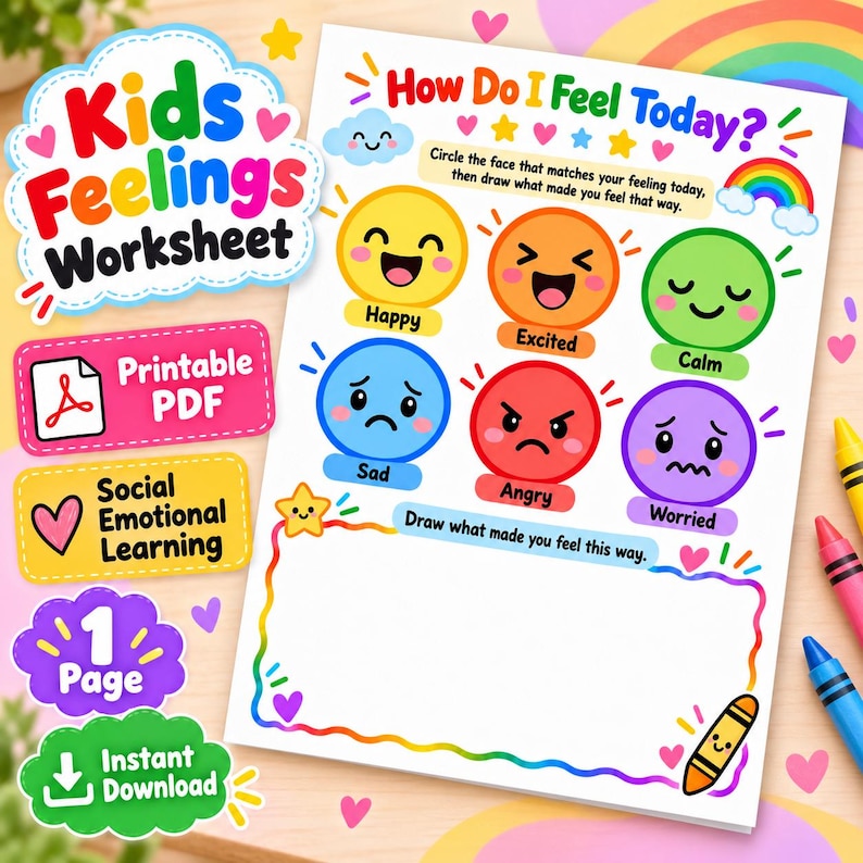 Feelings Worksheet for Kids Printable How Do I Feel Today Emotions ...