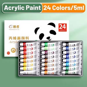 Puede incluir: Un juego de 24 tubos de pintura acrílica, cada uno de 5 ml, en una caja metálica. El embalaje presenta un diseño de panda y el texto "Acrylic Paint 24 Colors/5ml". La caja también incluye caracteres chinos.