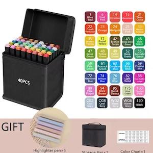 Puede incluir: Un estuche negro que contiene 40 rotuladores de colores. Los rotuladores tienen varios colores, incluyendo rojo, amarillo, verde y azul. El conjunto incluye un rotulador, una bolsa de almacenamiento y una carta de colores.