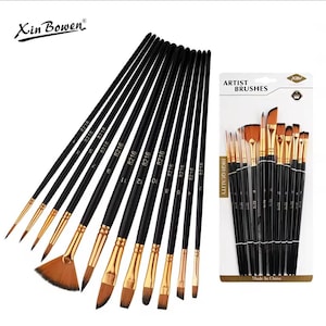May include: A set of artist paint brushes with black handles and gold ferrules. The brushes are arranged in a fan shape, with the text "Xin Bowen" and "8216" visible. The package reads "Artist Brushes" and "High Quality".