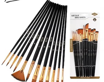 Artist Paint Brush Set, Nylon Bristle, 12 Piece Flat & Round