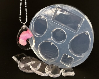 6 Pendants Mold (MP141) Crystal Edged Multiple Shapes and Size Pendant Mold. Made in USA. Clear Silicone Molds. Alamould