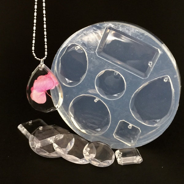 6 Pendants Mold (MP141) Crystal Edged Multiple Shapes and Size Pendant Mold. Made in USA. Clear Silicone Molds. Alamould
