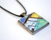 One Inch Square Pendant with Tray Necklace - Original Photography - Packard Plant - Detroit - Michigan - Windows - Blue - Yellow - Green