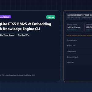 Pode incluir: Uma interface escura exibindo o Sovereign SQLite FTS5 BM25 & Embedding Hybrid Search Knowledge Engine CLI. Inclui especificações técnicas, incluindo SQLite Native, 128-Dim Local vector ranking e RRF (k=60) rank fusion.