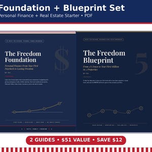 Op de afbeelding: Een digitale Foundation + Blueprint Set PDF-gids met twee donkerblauwe covers. De linker cover is getiteld The Freedom Foundation en de rechter cover is getiteld The Freedom Blueprint. Beide bevatten tekst, financiële grafieken en iconen.