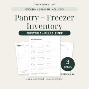 May include: A printable and fillable PDF pantry and freezer inventory tracker with three pages. The document includes sections for stock inventory and stock changes, available in letter and A4 sizes, featuring the text Little Easier Studio.