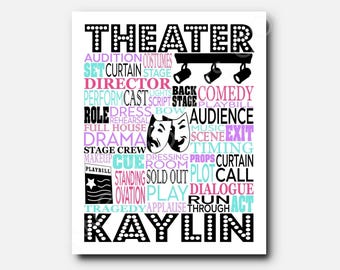 May include: A rectangular wall art print featuring the word THEATER at the top and KAYLIN at the bottom in a marquee light style. The center contains theater-themed words in various colors and fonts, including comedy and tragedy masks.