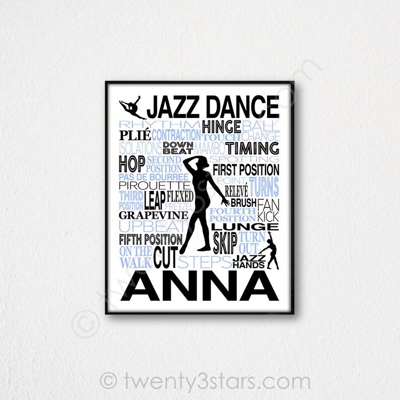 May include: A black and white printable wall art design featuring a silhouette of a dancer with the words "Jazz Dance" and a list of dance terms in blue and black text. The name "Anna" is written in large black letters at the bottom.