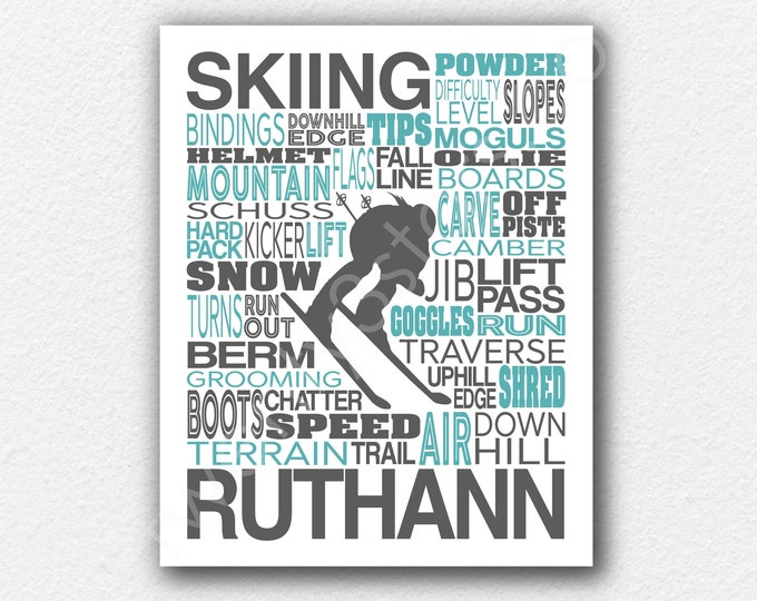 Women's Skiing Word Art, Ski Wall Art, Skier Gift, Gift for Skiing, Skier Poster, Alpine Skiing Wall Art, Ski Team Gift, Ski Coach Gift