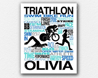 Triathlon Typography Poster, Triathlon Poster, Gift for Triathlete, Marathon Running Team Gift, Gift for Triathlon, Women's Triathlon Art