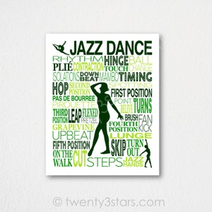 May include: A black silhouette of a dancer with green and white text outlining various jazz dance terms, including "plie", "leap", "turn", and "grapevine". The text reads "Jazz Dance" at the top.