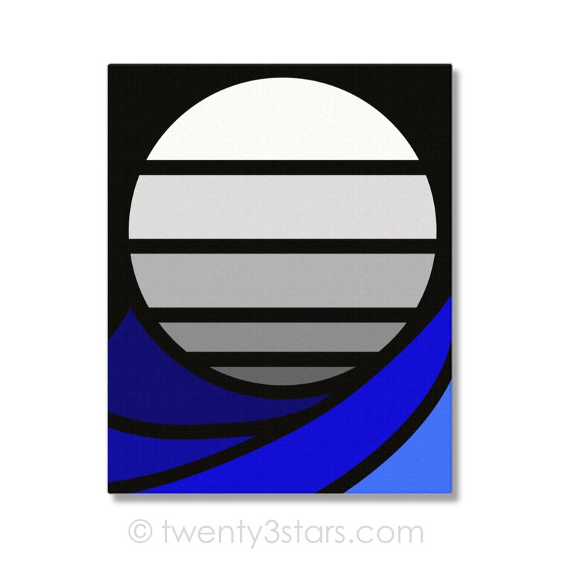 Puede incluir: Impresi&oacute;n de arte geom&eacute;trico abstracto con un c&iacute;rculo grande con rayas grises y un patr&oacute;n de ondas azul y negro en el fondo.