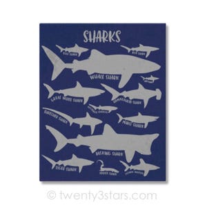 The image is a collage of various shark silhouettes, each labeled with a different shark species name.