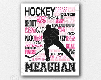 Girl's Hockey Word Art, Girls Hockey Gift, Hockey Team Gift, Gift for Women's Hockey Player, Hockey Coach Gift, Hockey Typography Poster Art