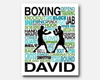 May include: A white rectangular print featuring two black silhouettes of boxers in a sparring stance. The background is filled with blue, green, and black text including words like BOXING, JAB, GLOVES, and the name DAVID in large black letters.