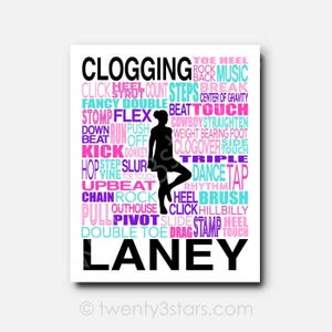 May include: A rectangular print featuring a black silhouette of a dancer in the center, surrounded by colorful text related to clogging dance steps like CLOGGING, KICK, HOP, and PIVOT. The name LANEY is printed in large black letters at the bottom.
