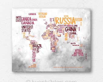 World Map Typography Map Poster Print, World Map in Words, World Map Watercolor Art, Handwritten World Wall Art, Custom World Map Art