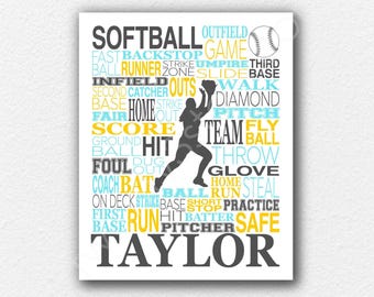 May include: A rectangular wall art print featuring a dark gray silhouette of a softball player in the center, surrounded by various softball-related words in blue, yellow, and gray. The name TAYLOR is printed in large dark gray letters at the bottom.