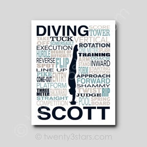 Men&#39;s Diving Typography Poster, Gift for Diving Coach or Team, Swim & Dive Wall Art, Personalized Gift for Diver