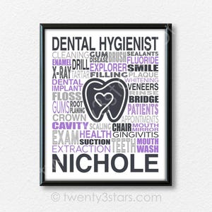 The image is a framed poster with various dental-related words and phrases in different colors, including purple, white, and black. The word "NICHOLE" is prominently displayed in the center of the poster.