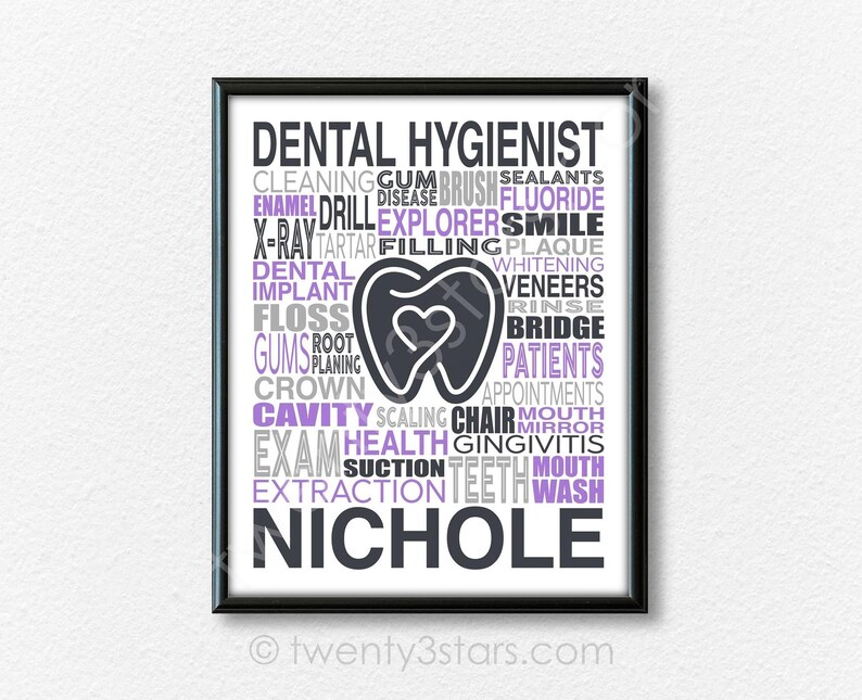The image is a framed poster with various dental-related words and phrases in different colors, including purple, white, and black. The word "NICHOLE" is prominently displayed in the center of the poster.