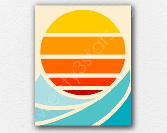 May include: A rectangular art print featuring a stylized sun composed of horizontal bands in yellow, orange, and red, positioned above abstract light blue and white wave shapes. The text twenty3stars.com is visible across the design.