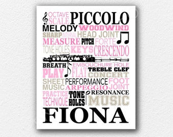 Custom Piccolo Word Poster, Gift for Piccolo Player, School Marching Band Wall Art, Gift for Band Leader, Piccolo Typography Print