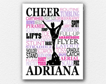 Custom Cheer Squad Gift, Personalized Cheer Stunt Art, Cheerleading Typography, Cheerleading Poster, Cheer Team Gift, Cheerleading Print