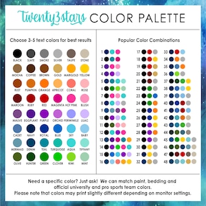 May include: A color palette chart with 48 different color swatches. The chart is divided into two sections: "Choose 3-5 text colors for best results" and "Popular Color Combinations". The first section lists 16 color names with a corresponding color swatch. The second section lists 48 color swatches in a grid format.