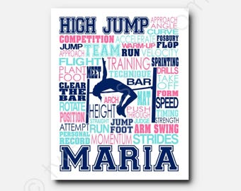 Peut inclure: Une affiche murale rectangulaire présentant la silhouette bleu foncé d'un athlète effectuant un saut en hauteur au-dessus d'une barre. Le fond est rempli de mots liés au saut en hauteur en bleu, rose et blanc, avec le prénom MARIA.