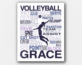 Personalized Volleyball Art, Volleyball Spiker Art, Volleyball Hitter Art, Volleyball Team Gift, Volleyball Coach Gift, Girls Volleyball Art