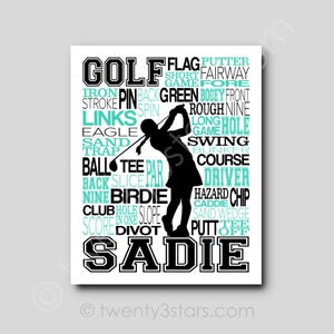 Personalized Girl&#39;s Golf Art Print: Golfer Gift, Team Colors