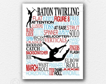 May include: A black and white illustration of a baton twirler in mid-air, surrounded by a word cloud of baton twirling terms in red, blue, and black. The words include "figure 8", "toss", "spin", "catch", "roll", "vertical", "flash", "twirl", "hand", "fingers", "airplane", "elbow", "judge", "windmill", "horizontal", "tip", "thumb", "march", "pinwheels", "waist", "salute", "box", "backscratcher", "ball", "backhand", "cradle", "toss", "spin", "box", "helicopter", "roll", "arm", "solo", "strut", "at ease", "toss", "illusions", "hand", "release", "attention", "tails", "fish", "flat", "baton twirling".