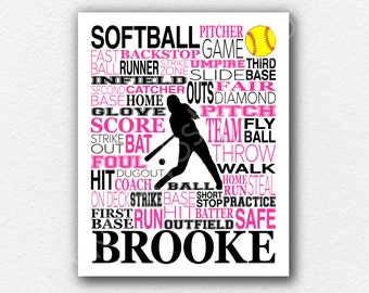 Custom Softball Art, Personalized Softball Poster Typography, Softball Gift, Softball Wall Art, Softball Team Gift, Gift for Softball Player