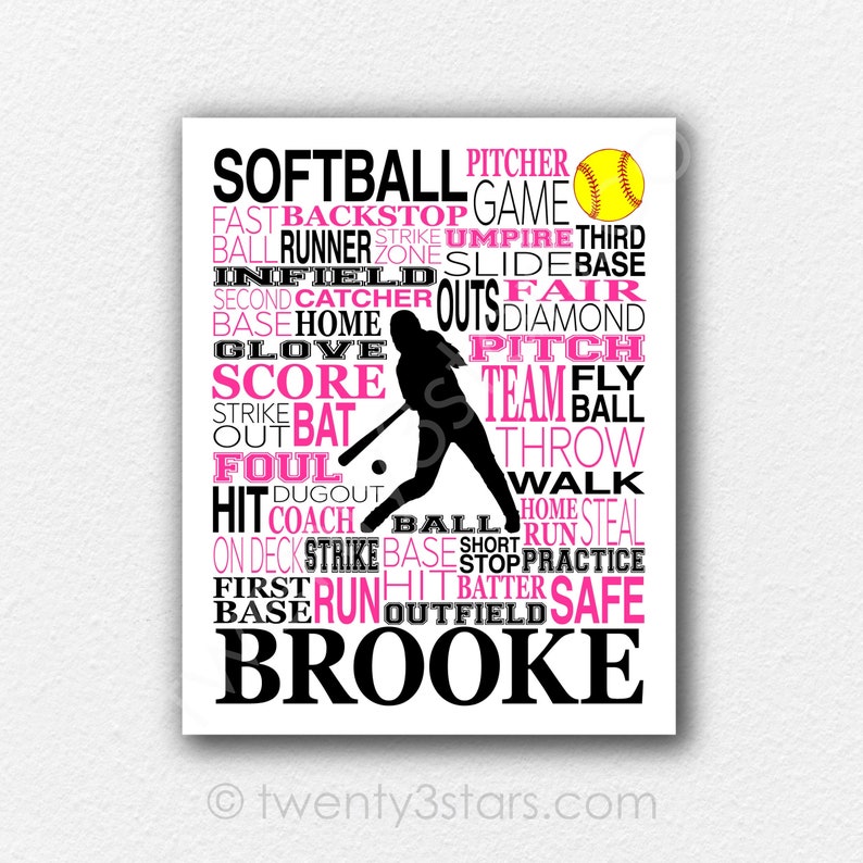 Custom Softball Art, Personalized Softball Poster Typography, Softball Gift, Softball Wall Art, Softball Team Gift, Gift for Softball Player image 1