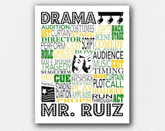 May include: A rectangular poster featuring a word cloud of theater-related terms in black, green, and yellow. The word DRAMA is at the top in a marquee style, and MR. RUIZ is at the bottom. A central graphic shows two classic comedy and tragedy masks.