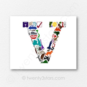 Letter V Poster, Letter V is For Art, V Nursery Wall Art Print, Baby Shower Gift, Letter V Wedding Gift, Letter V Art, Letter V Gift