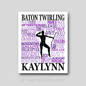 Baton Twirling Word Art, Baton Team Gift, Baton Twirler Art, Rhythmic Gymnast Wall Art, Baton Coach Gift, Choose Any Colors and Name